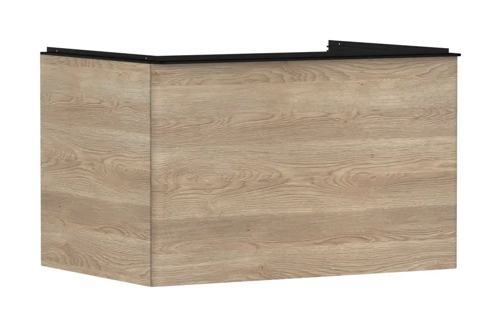 Waschtischunterschrank in hellem Holzdesign mit einem Schubkasten, geeignet für Aufsatzwaschtische. Hergestellt von Hansgrohe.